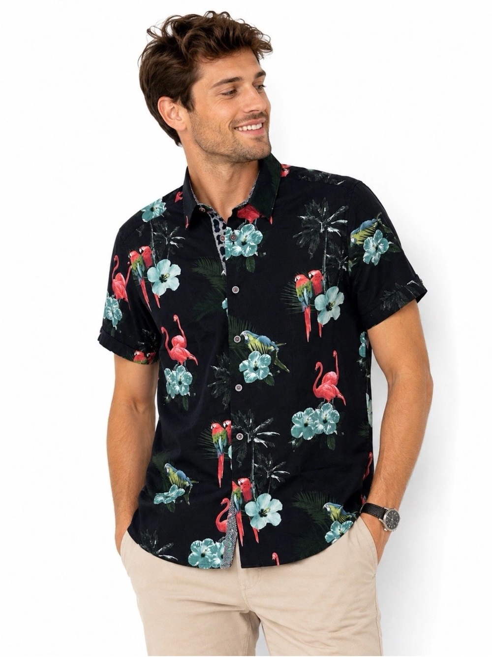 Ted Baker London Men’s Size 3 M Tropical Flamingo Parrot Floral Shirt Cotton